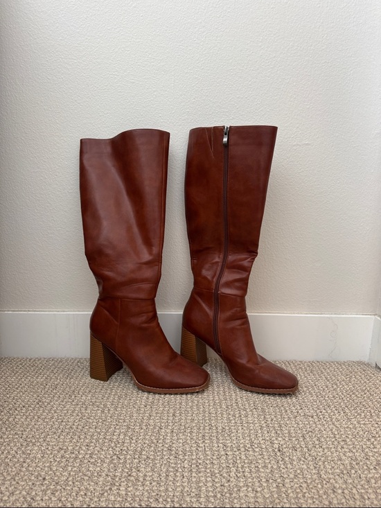 Shoes - Women's Tall Brown Leather Block Heel Boots